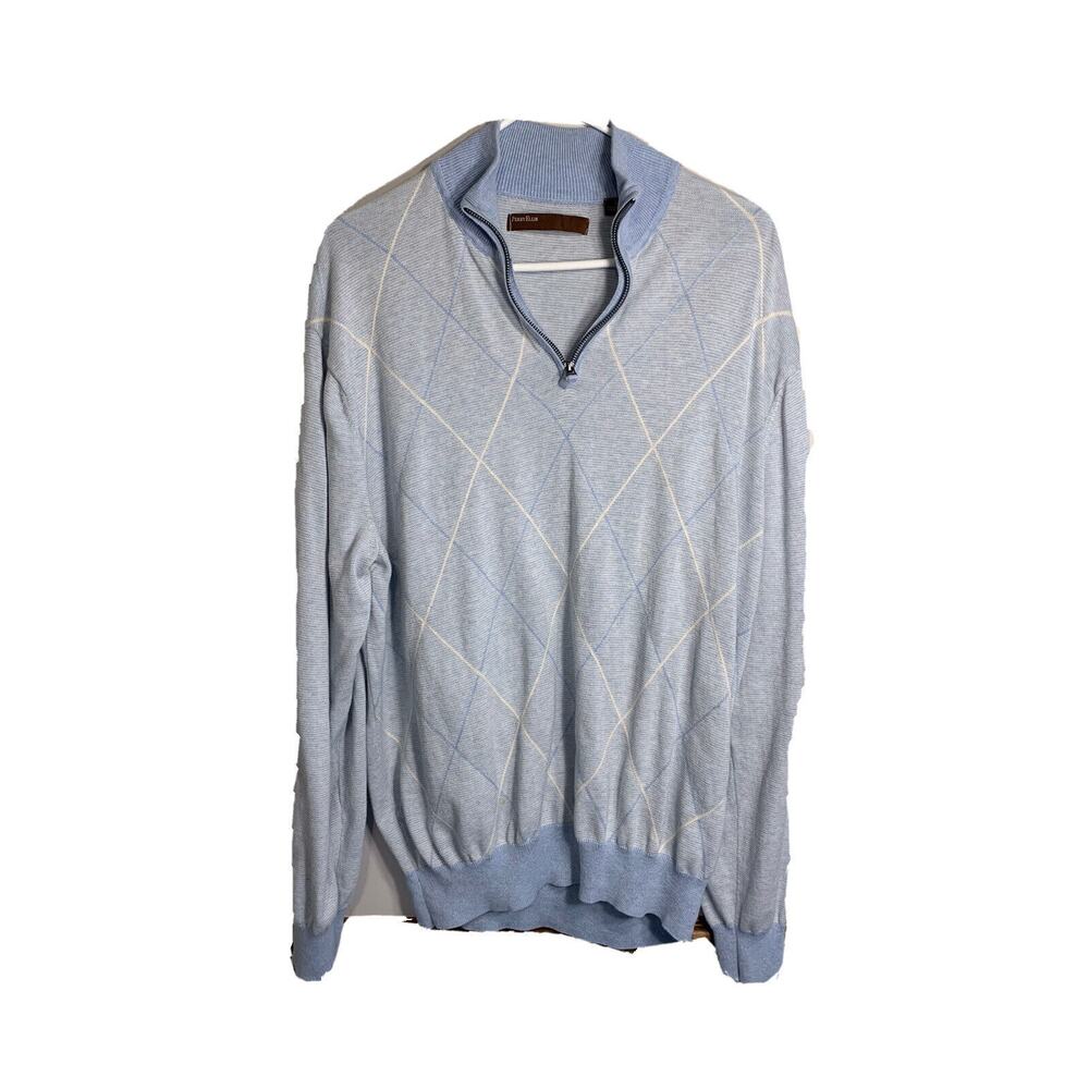 Perry Ellis Argyle Sweater Mens XL Cotton Quarter Zip Pullover Baby Blue